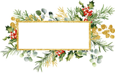 Wall Mural - Christmas vintage frames with winter greenery, rosemary branches, holly berries and eucalyptus leaves. Golden elements and frame