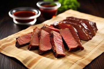 Wall Mural - brisket slices on a checkered cloth with barbecue sauce, no silverware