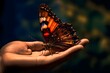 Ein schöner Schmetterling auf einer Hand / Bunter Schmetterling / Tier Poster / Schmetterling Poster / Natur und Tier Wallpaper / Ai-Ki generiert