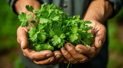 Canvas Print - close-up of parsley in hands.Generative AI