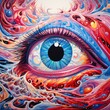 Artistic illustration of a human eye enveloped in a dramatic interplay of red and blue wave-like patterns