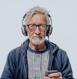 Fototapeta  - Smutny starszy mężczyzna, 70+  w okularach ze słuchawkami na uszach.
