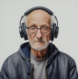 Fototapeta  - Smutny, starszy mężczyzna w okularach ze słuchawkami na uszach.