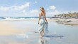 Frau im Sommerkleid läuft den Strand entlang / Sommer Poster / Urlaubs Wallpaper / Ai-Ki generiert