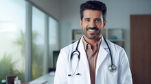 Portrait Of Happy Friendly Male Indian Doctor Medical Worker Wearing White Coat With Stethoscope Standing In Modern Clinic.
