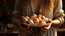 A Woman Carrying Basket Filled With Fresh Eggs At Farm