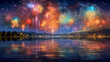 Spectacular fireworks display reflecting on lake during festive celebration.