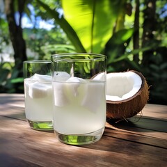 A photograph of two glasses of coconut water with soft coconut meat is included on the outdoor.