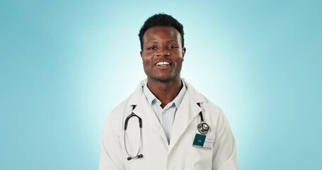 Poster - Video call, wave and a man or doctor on a blue background for health communication. Happy, greeting and face portrait of an African healthcare employee speaking on a backdrop for medicine help