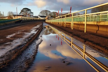 track with puddles encroaching on the steeplechase barriers