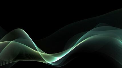 Abstract light wavy lines flowing dynamic in blue green colors against black background. Digital, communication, 5G, science, music.