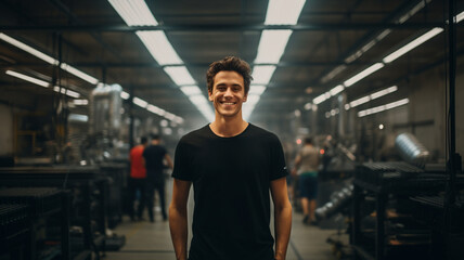 Wall Mural - Business owner in black t-shirt standing in industrial plant