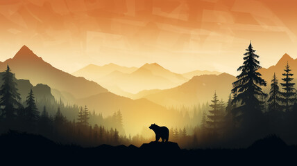 Wall Mural - Silhouette of bear climb up hill. Tree in front, muntains and forest in background