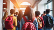 High schoolers in hallway seen from behind With copy space