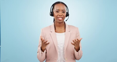 Canvas Print - Callcenter, contact us and CRM, black woman and phone call with telecom or customer service on blue background. Communication, help desk and talking for telemarketing sales and consultant in a studio