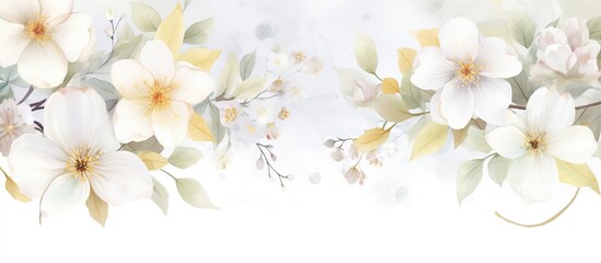 Wall Mural - Elegant white flower with watercolor background and invitation wedding card, AI generated