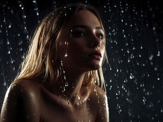 Wall Mural - young sexy woman with wet hair sits on knees on ground under raindrops on black background. Woman dressed in white underwear swimsuit. portrait. modelling, people concept