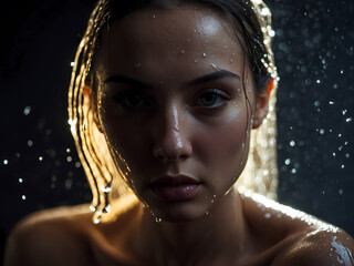 Wall Mural - young sexy woman with wet hair sits on knees on ground under raindrops on black background. Woman dressed in white underwear swimsuit. portrait. modelling, people concept