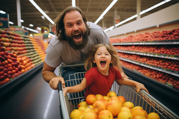 Poster - A single dad pushes a grocery cart as his young daughter helps pick out items, highlighting their day-to-day life