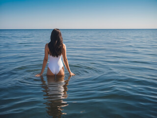 Wall Mural - Close up portrait of beautiful young woman with red hair in tight white dress on the sunset beach.