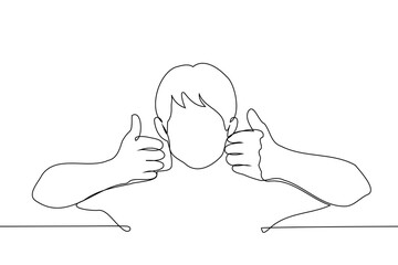 Wall Mural - man raised both hands to show thumbs up at face level - one line art vector. concept full approval, satisfied male audience