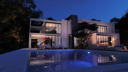 Wall Mural - Sleek modern house  with pool and garden in the evening