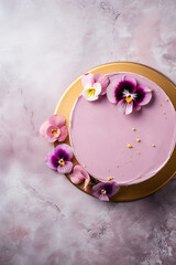 Canvas Print - A cake with pink icing decorated with pansy flowers, acacia and primrose flowers on a marble table