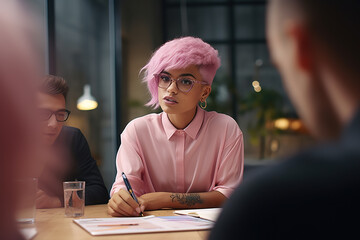 Beautiful specialist with short pink hair talking about company strategy with diverse team of professional business people during office meeting in conference room.