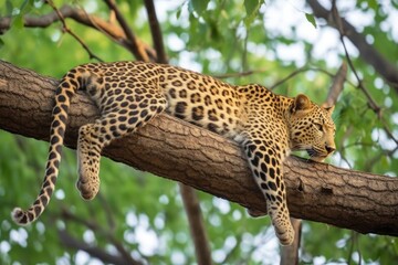 Poster - the flicking tail of a leopard as it purrs on a tree branch