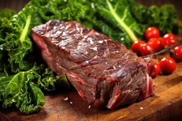 Wall Mural - a close shot of tangy bbq beef ribs nestled on a bed of leafy greens