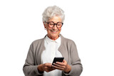 Fototapeta  - An elderly woman holding a phone isolated on transparent background.