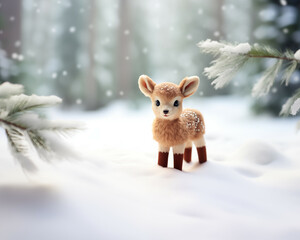 Photorealistic Christmas-themed illustration: Plush toy cute deer in the snowy winter forest