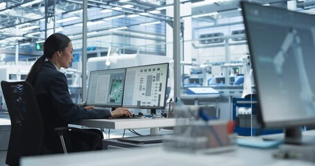 Leinwandbilder - Asian Industrial Engineer Doing Creative Work on a Computer in Office. Female Creating an Innovative Motherboard with Powerful Microchips for Artificial Intelligence Systems