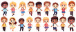 Set of Happy multiethnic preschool girls and boy standing in different expressions, Cute kids cartoon with different expressions, Set of funny and cute little boy and girl with different expressions