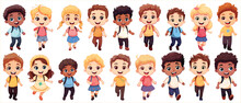 Set Of Happy Multiethnic Preschool Girls And Boy Standing In Different Expressions, Cute Kids Cartoon With Different Expressions, Set Of Funny And Cute Little Boy And Girl With Different Expressions