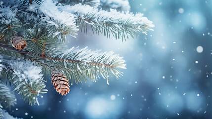 Sticker - Winter background with pine branches with pine cones in a snowy forest, Christmas tree. New Year header for a website with Copy space.