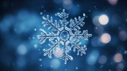 Wall Mural - Winter background with macro shot of a snowflake close up. New Year header for a website with Copy space.