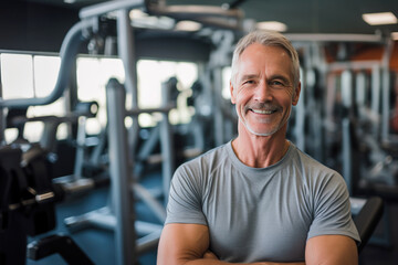 smiling senior man at gym. Concept of healthy active lifestyle on retirement