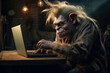 internet troll sitting at the table and typing on laptop bad comments