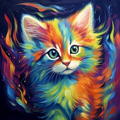  Very happy rainbow colored watercolor kitten painting AI generated pictures