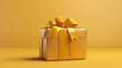Goldenes Geschenk mit Schleife auf gelbem Hintergrund, festlich