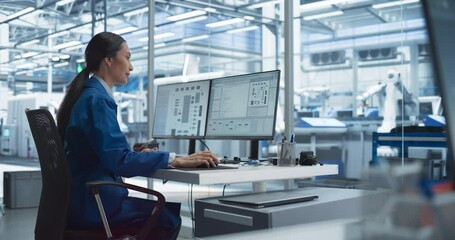 Aufkleber - Experienced Female Software Developer Working in Office, Using Desktop Computer and Overlooking Production at a Modern Automated Electronics Manufacture with Robotic Arms. Administrator at Work