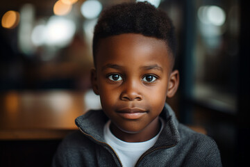 Canvas Print - Generative AI portrait of young boy sitting modern interior cafe drinking baby beverage