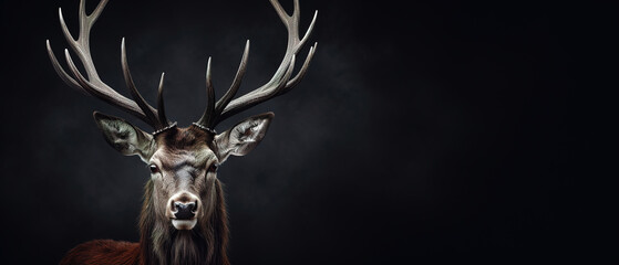 Wall Mural - Front view of Red Deer on dark gray background. Wild animals banner with copy space