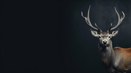 Wall Mural - Front view of Red Deer on dark gray background. Wild animals banner with copy space
