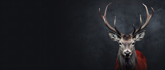 Wall Mural - Front view of Red Deer on dark gray background. Wild animals banner with copy space