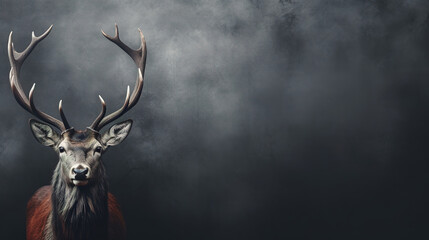Wall Mural - front view of red deer on dark gray background. wild animals banner with copy space