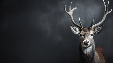 Wall Mural - Front view of Red Deer on dark gray background. Wild animals banner with copy space