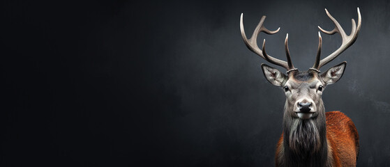 Wall Mural - Front view of Red Deer on dark gray background. Wild animals banner with copy space