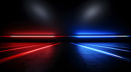 Sticker - Red and blue neon lights on a dark reflective ground.